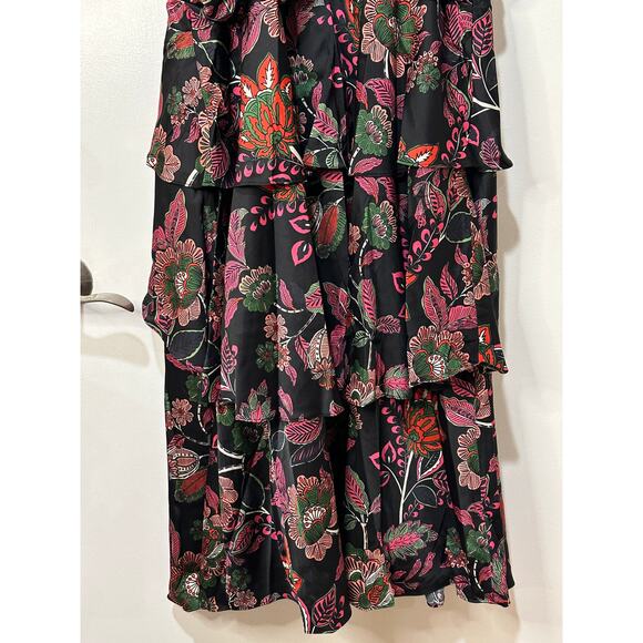 Hutch Tisha Ruched Maxi Dress Black Floral Multi Size 10 NWT Tiered Skirt w Slit - Picture 14 of 16